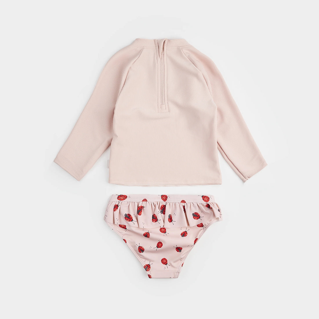 pink rashguard top and ladybug bottom baby swimsuit