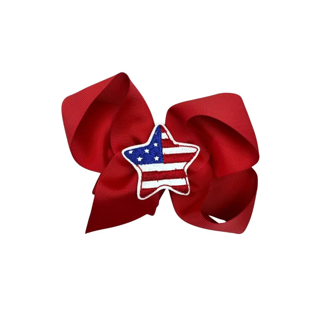 red grosgrain bow with american flag star embroidered in center