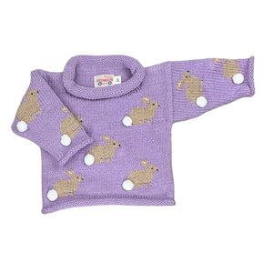 long sleeve purple sweater with tan bunnies with white poms as tails