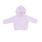 A light purple fuzzy zip-up hooded jacket with long sleeves and front pockets, shown flat against a white background.