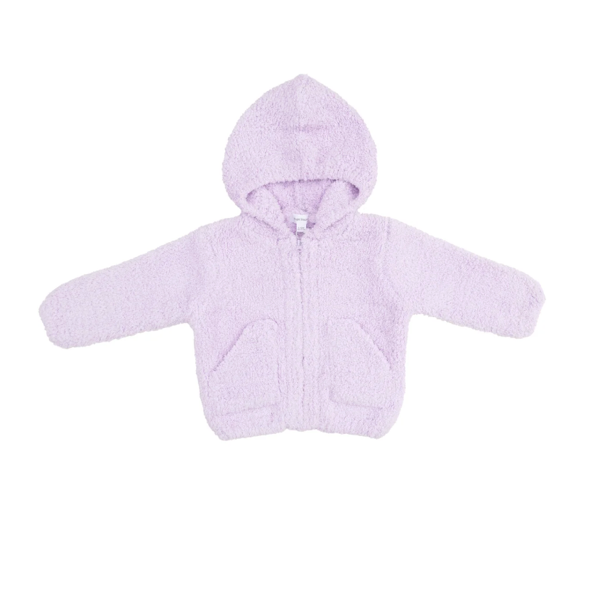 A light purple fuzzy zip-up hooded jacket with long sleeves and front pockets, shown flat against a white background.