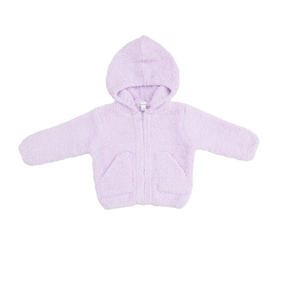 A light purple fuzzy zip-up hooded jacket with long sleeves and front pockets, shown flat against a white background.