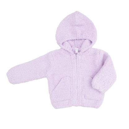 A light purple sherpa zip-up hoodie with a hood and front pockets, displayed on a solid white background.