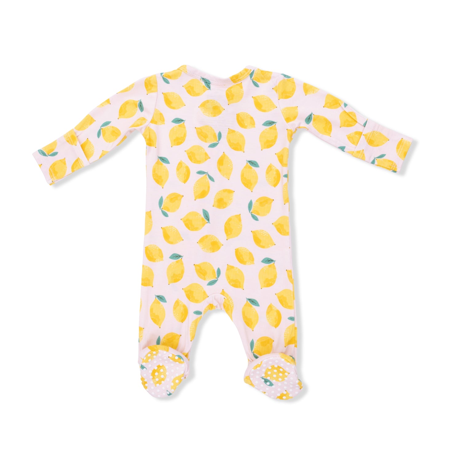 Baby onesie with lemon pattern on a white background
