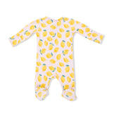 Baby onesie with lemon pattern on a white background