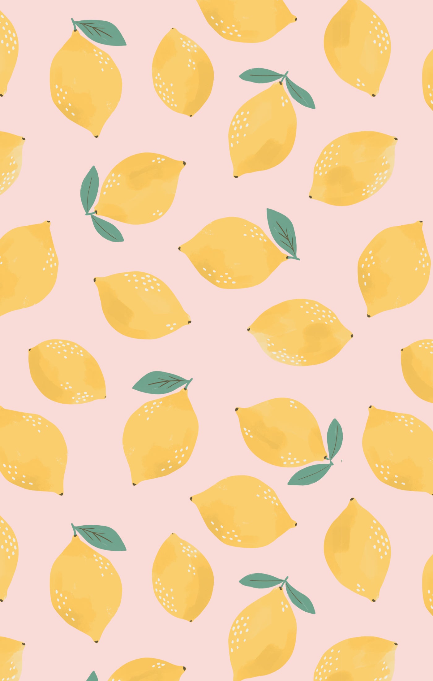 Pattern of yellow lemons with green leaves on a pink background
