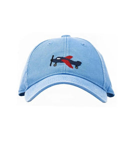 light blue baseball hat with blue and red airplane embroidered in center