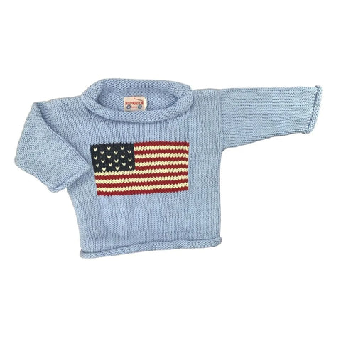 light blue long sleeve sweater with american flag design