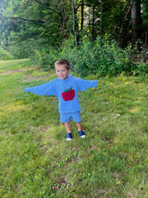 light blue sweater with red apple