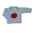 long sleeve light blue sweater with red apple in center