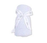 A light blue baby blanket roll wrapped with a white ribbon printed with the words &