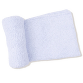 A light blue chenille blanket, partially rolled on the left, displayed on a clean white background.