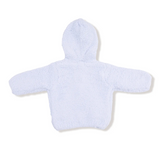 A light blue plush teddy bear-shaped hooded blanket or toy, photographed from the back against a plain white background.