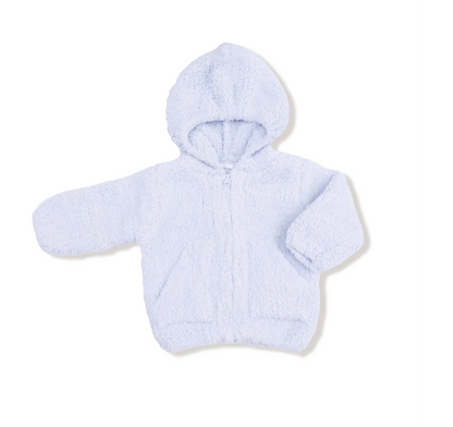 A light blue sherpa fleece zip-up hoodie with a hood and front pockets, laid flat on a white background.