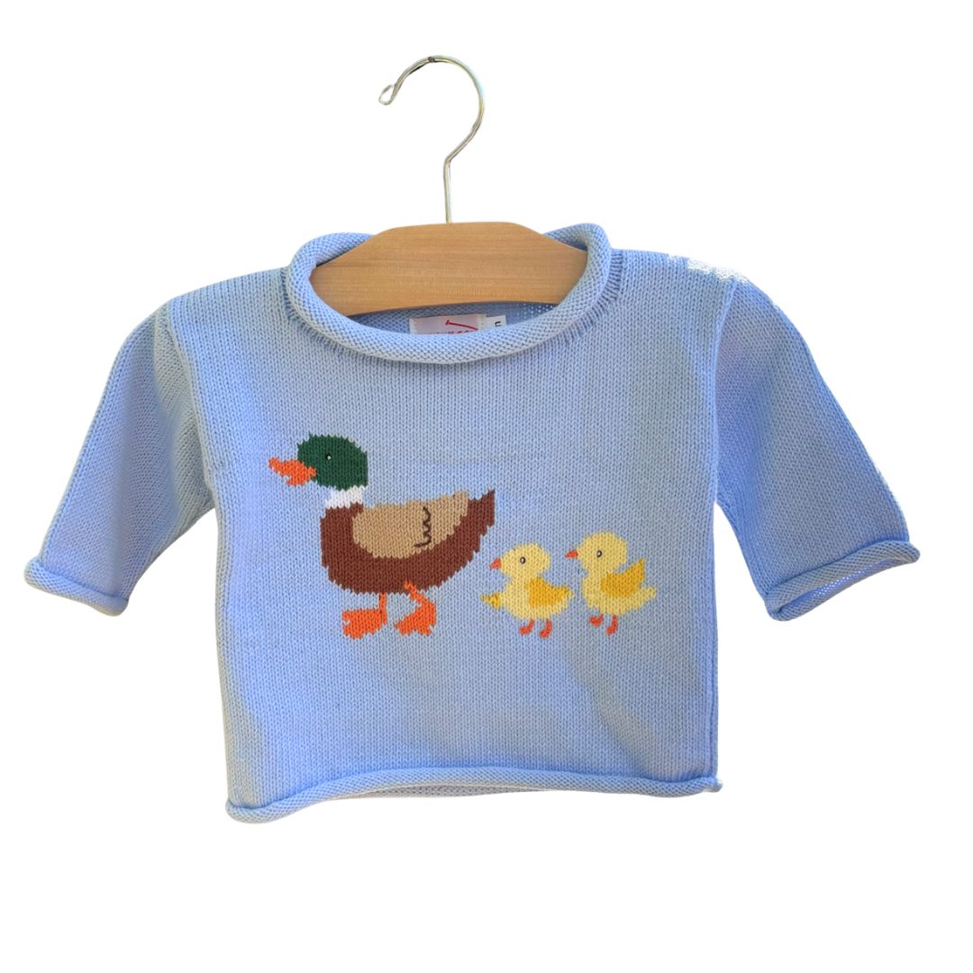 light blue sweater with mallard duck and two ducklings following behind