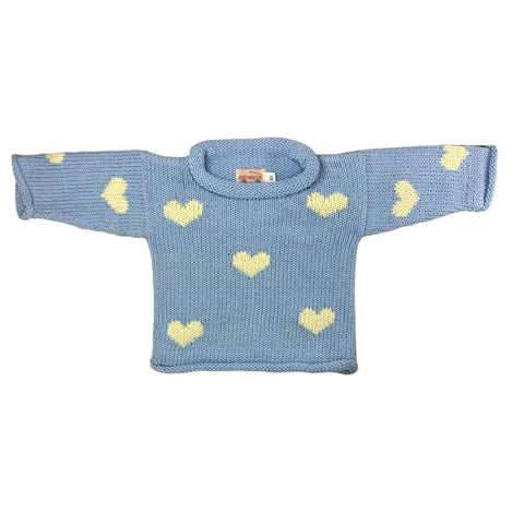 light blue long sleeve sweater with ivory hearts all over