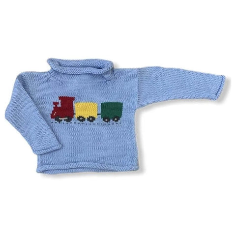 light blue roll neck sweater with 3 piece train, front car is red, middle car is yellow and last car is green
