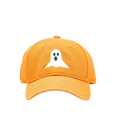 light orange baseball hat with embroidered ghost