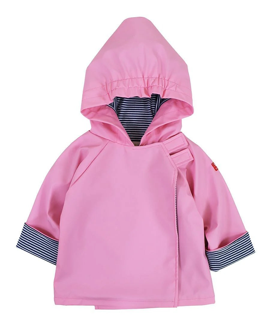 Pink hooded jacket with striped cuffs and collar on a white background