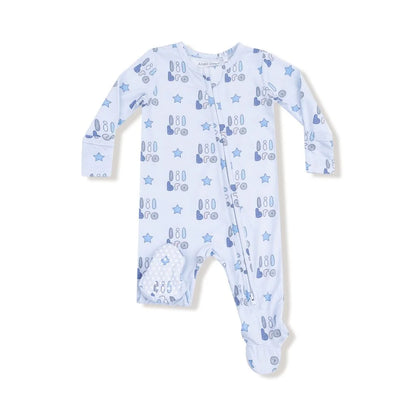 blue long sleeve footie with lil bro written all over with stars in different shades of blue