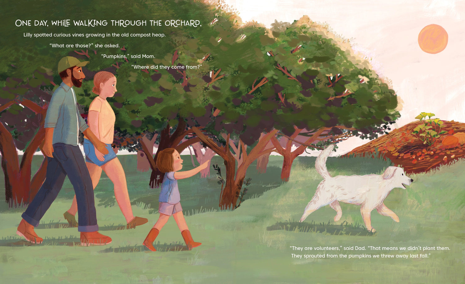 Illustration of a family walking through an orchard with a dog.
