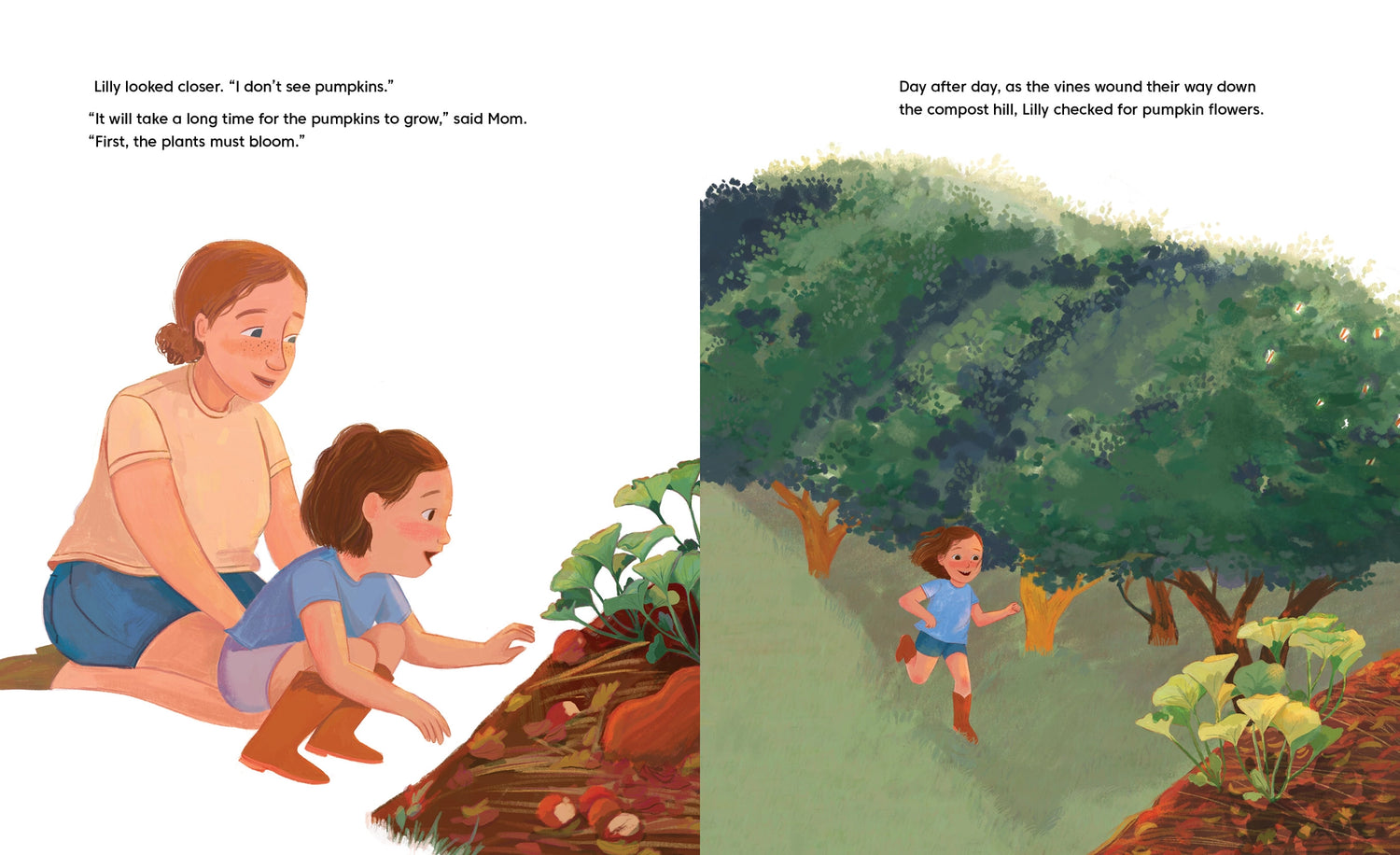 Illustration of a mother and daughter tending to plants with text on the left, and a child walking through a garden with pumpkins on the right.