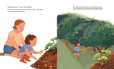 Illustration of a mother and daughter tending to plants with text on the left, and a child walking through a garden with pumpkins on the right.