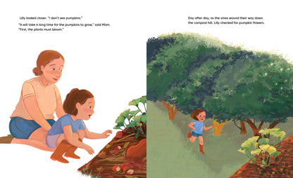Illustration of a mother and daughter tending to plants with text on the left, and a child walking through a garden with pumpkins on the right.