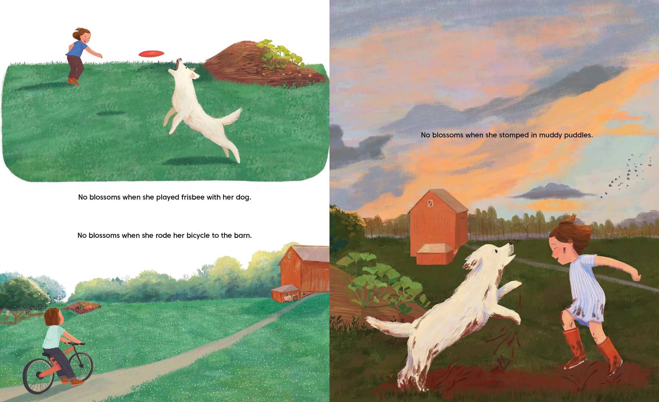 Illustrations of a boy playing with a dog and riding a bike, with text about playing frisbee and riding a bike.