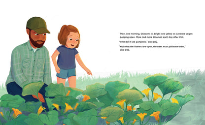 Illustration of a man and a child in a garden with text about pollination.