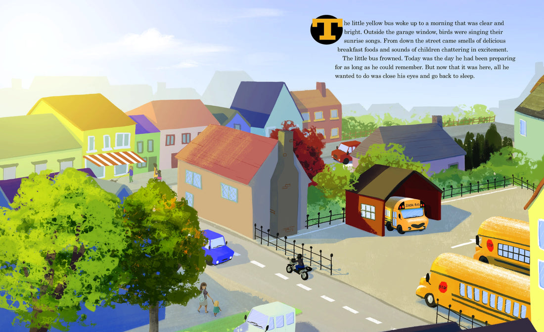 Cartoon-style town scene with houses, trees, and vehicles on a clear day.