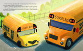 Two cartoon school buses on a road with a scenic background