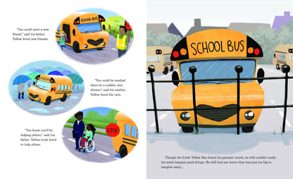Illustrated school bus scene with text and graphics on a book page.