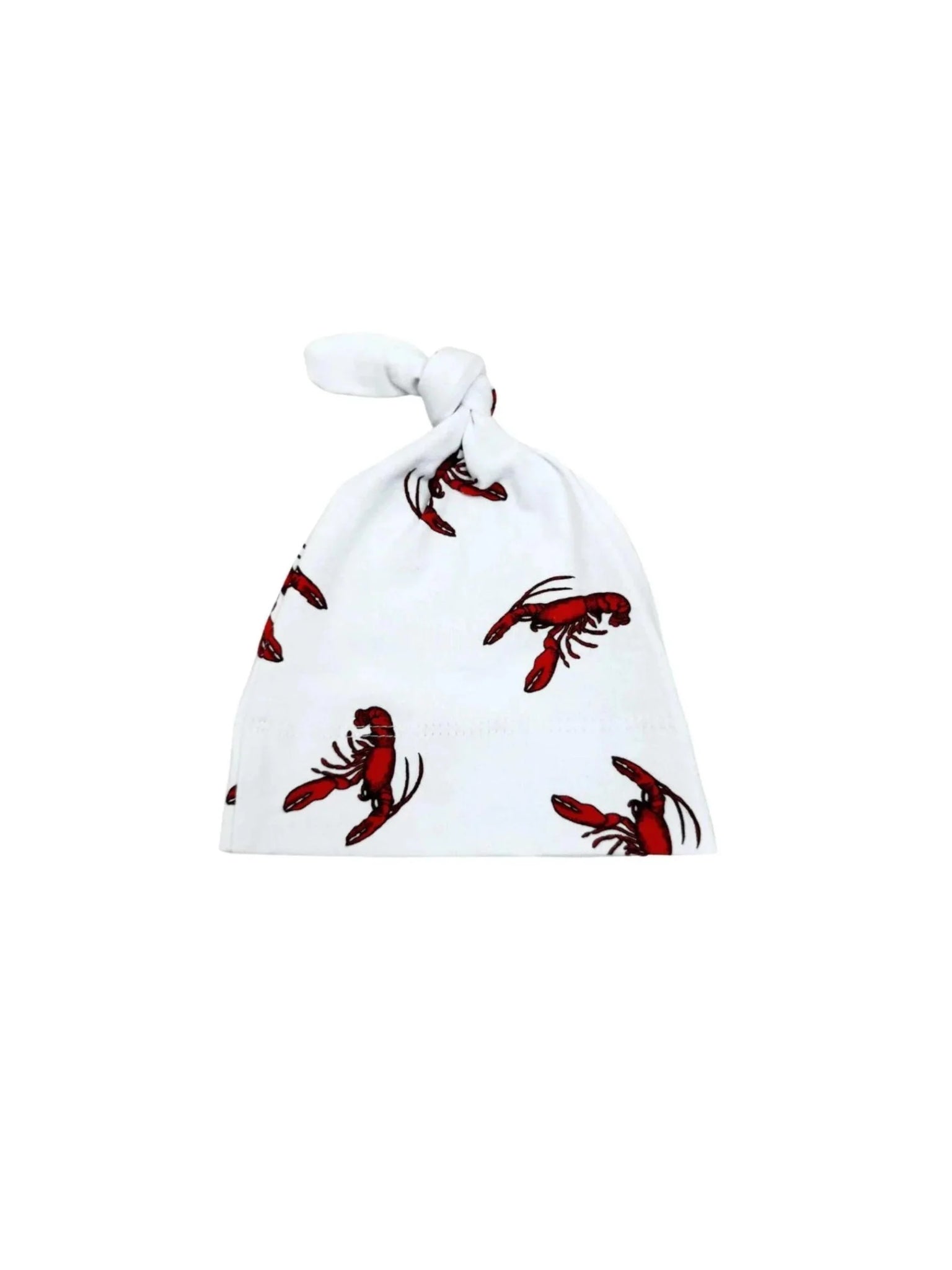 white baby beanie with red lobsters all over\