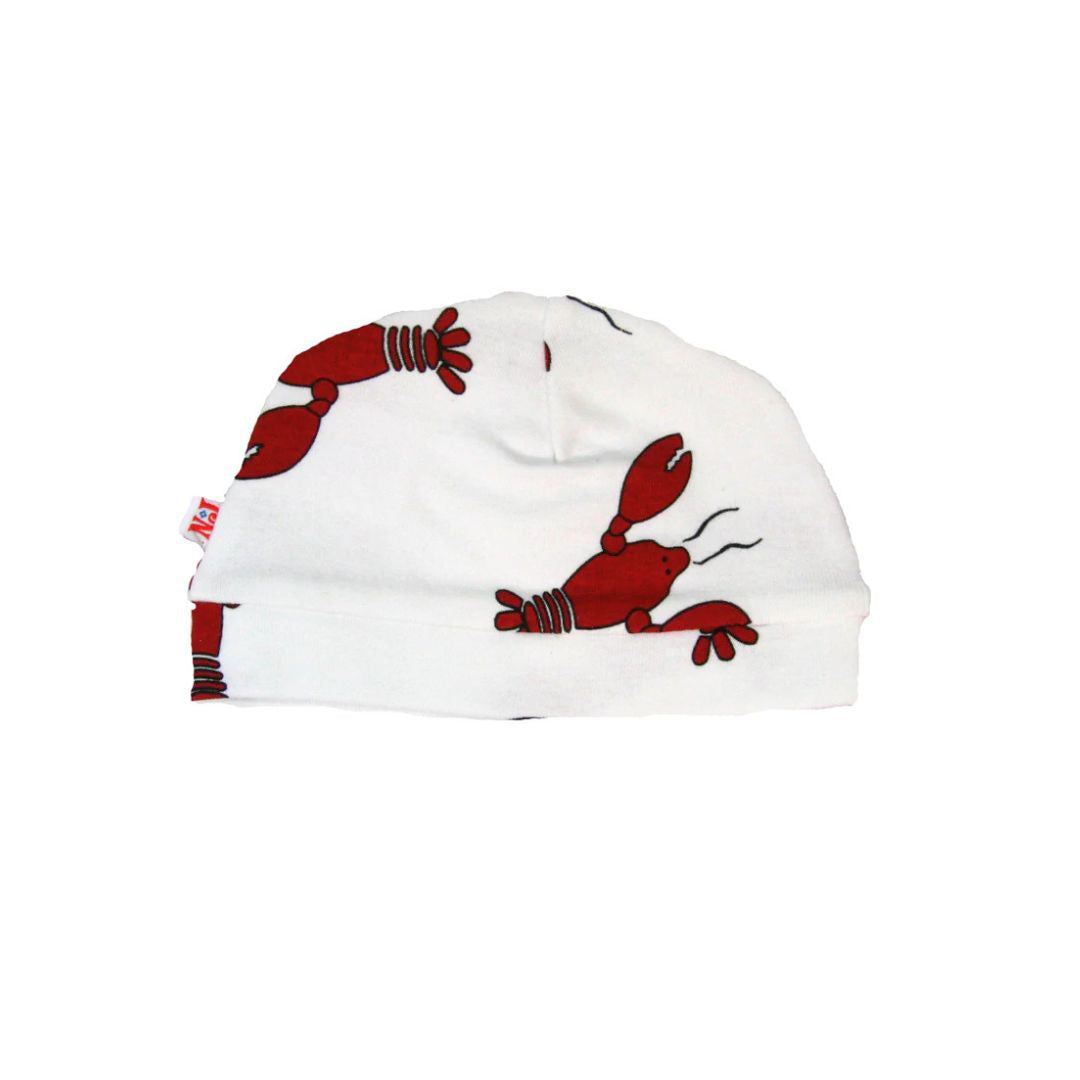 A white knit beanie hat featuring a playful red lobster print, shown against a plain white background.