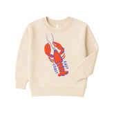 A cream-colored crewneck sweatshirt featuring a graphic of a red and blue lobster with the words &