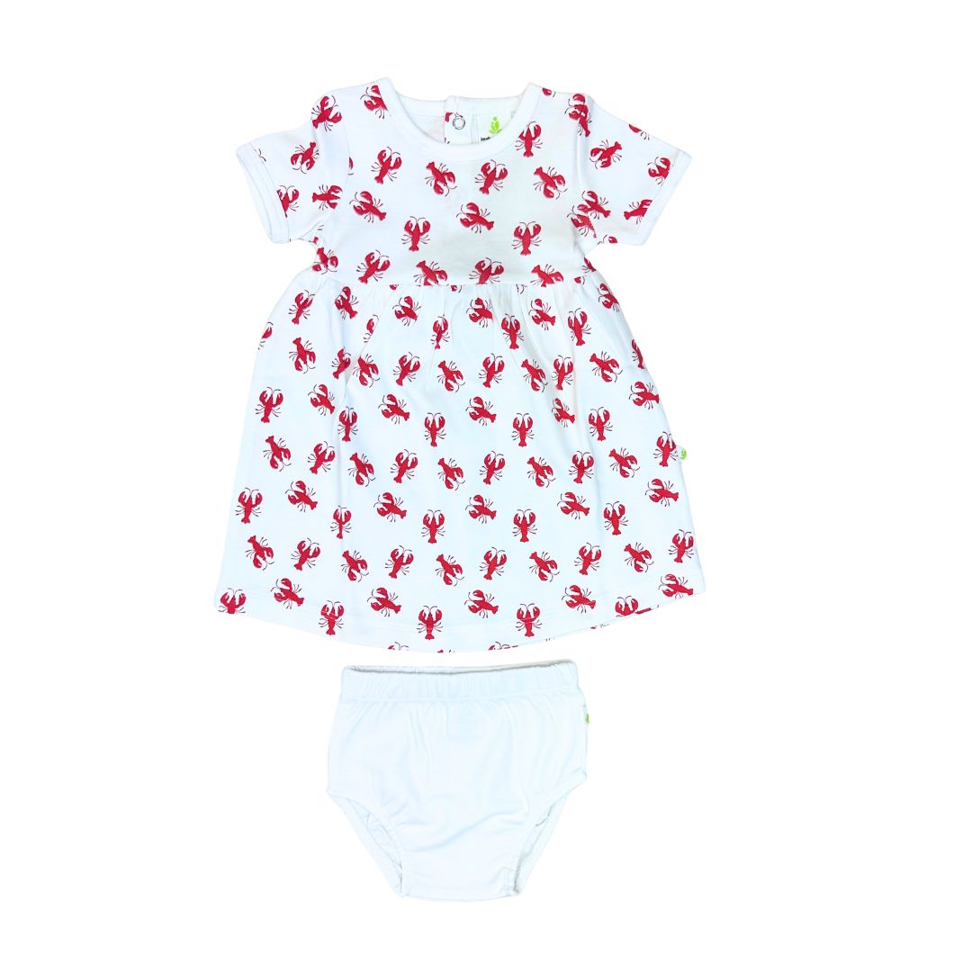 Baby romper with red lobster pattern on a white background