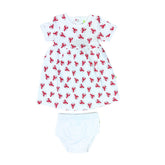 Baby romper with red lobster pattern on a white background