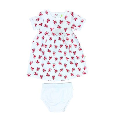 Baby romper with red lobster pattern on a white background