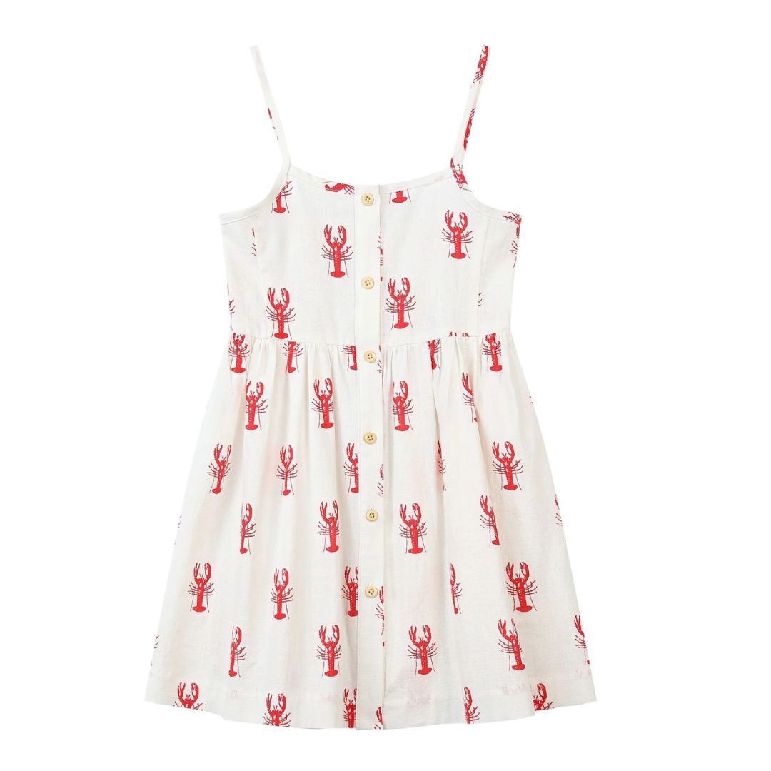 ivory dress with red lobsters, sleeveless with buttons down the front