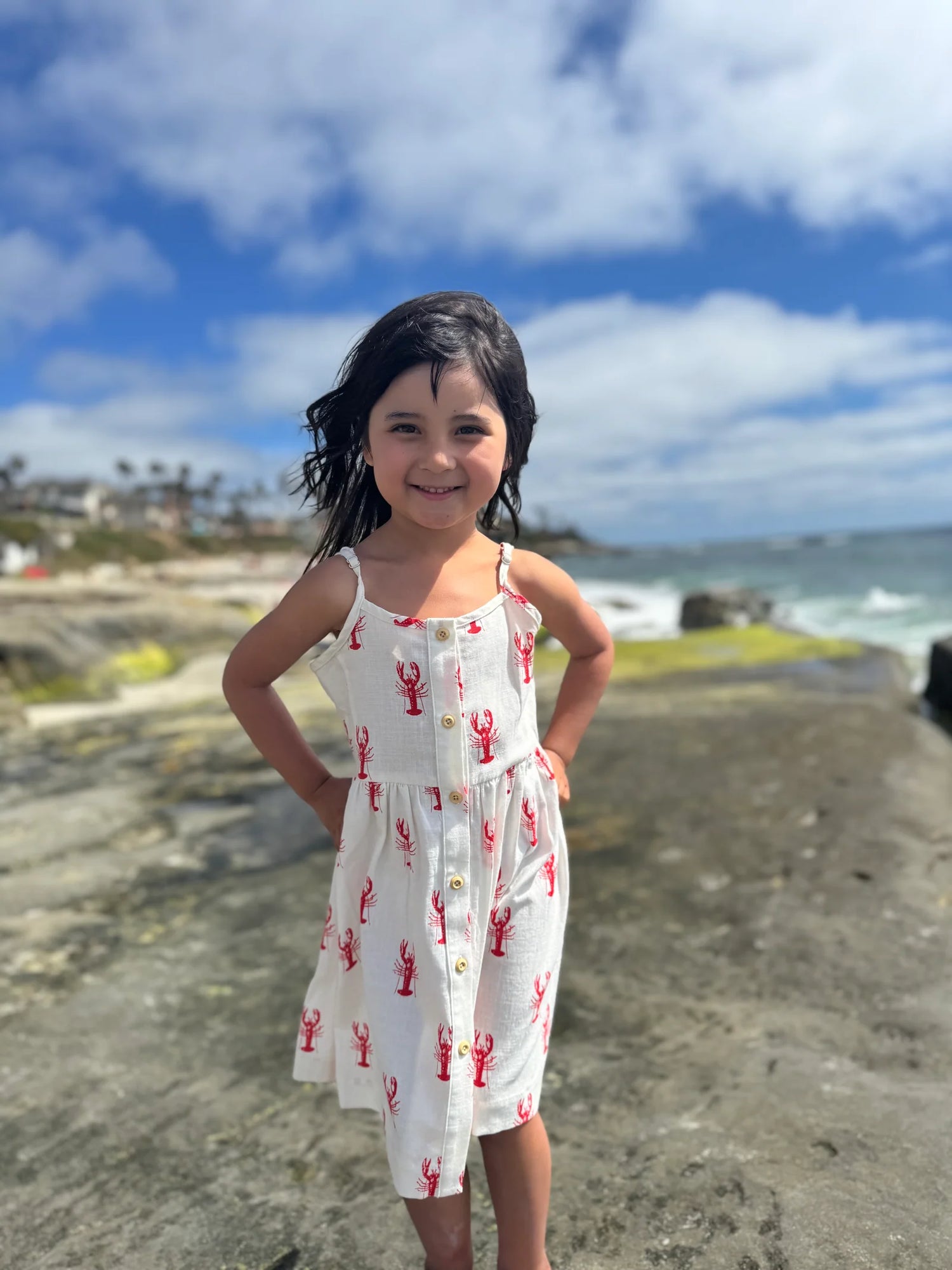 girl on the beach wearing lobster dress