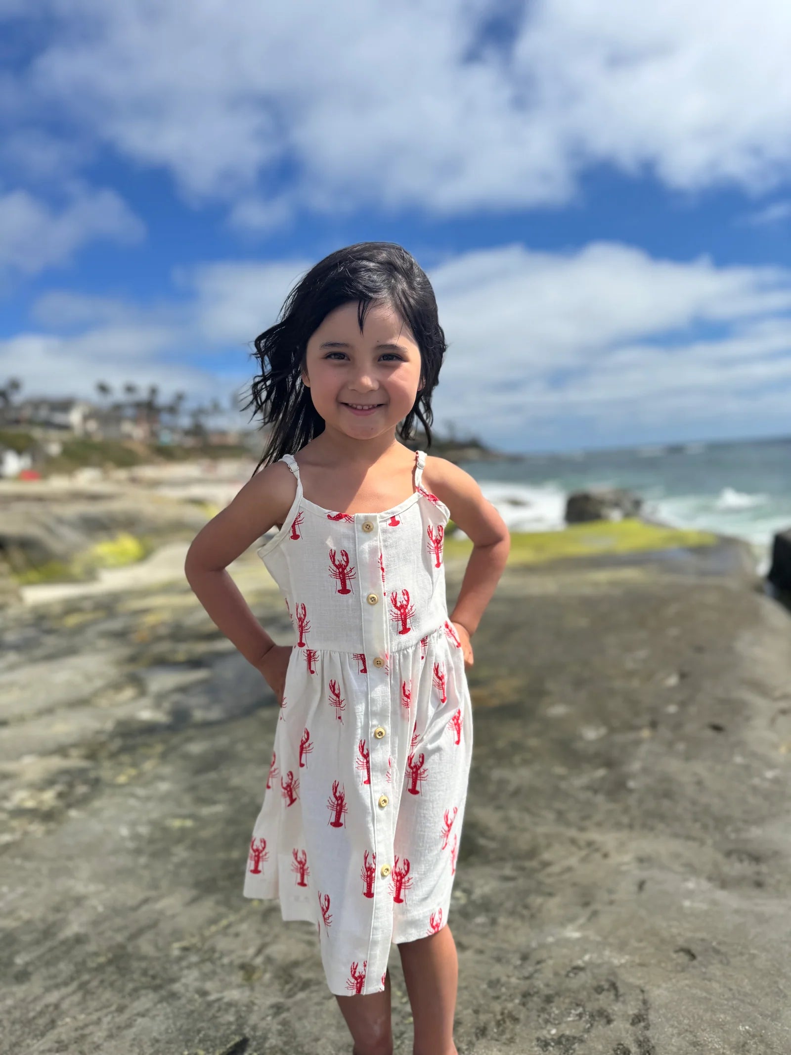 girl on the beach wearing lobster dress