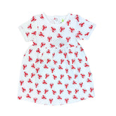 White dress with red lobster pattern on a white background