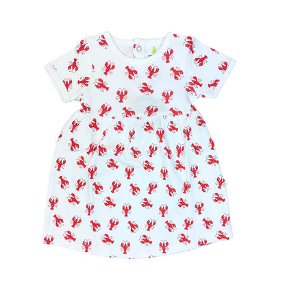 White dress with red lobster pattern on a white background