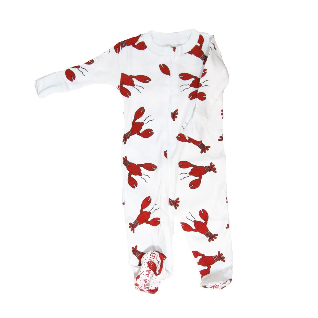 A white long-sleeve baby footed sleeper with an all-over red lobster print, laid flat on a white background.