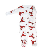 A white long-sleeve baby footed sleeper with an all-over red lobster print, laid flat on a white background.