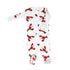 A white long-sleeve baby footed sleeper with an all-over red lobster print, laid flat on a white background.