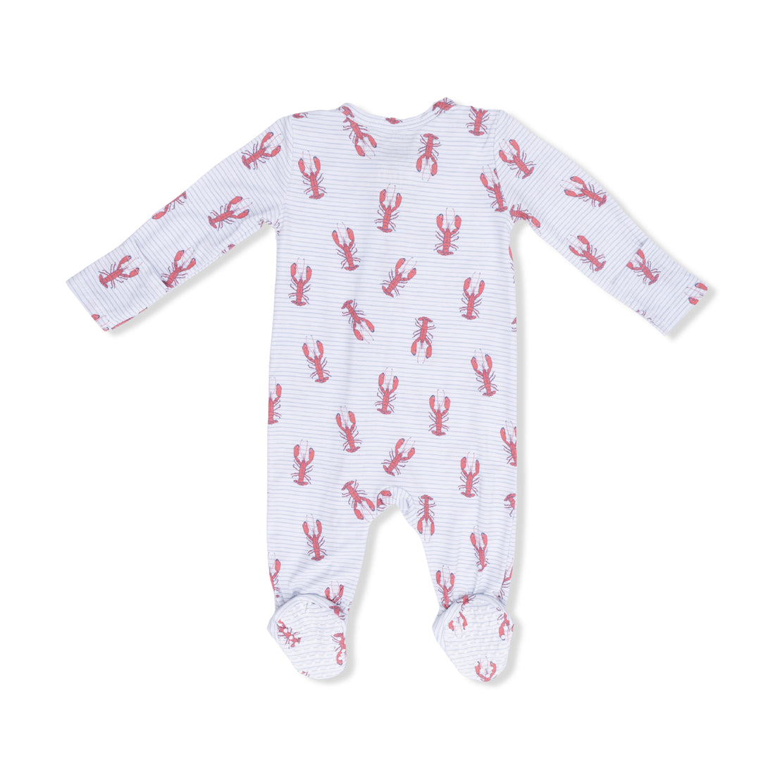 Baby onesie with red lobster pattern on a white background