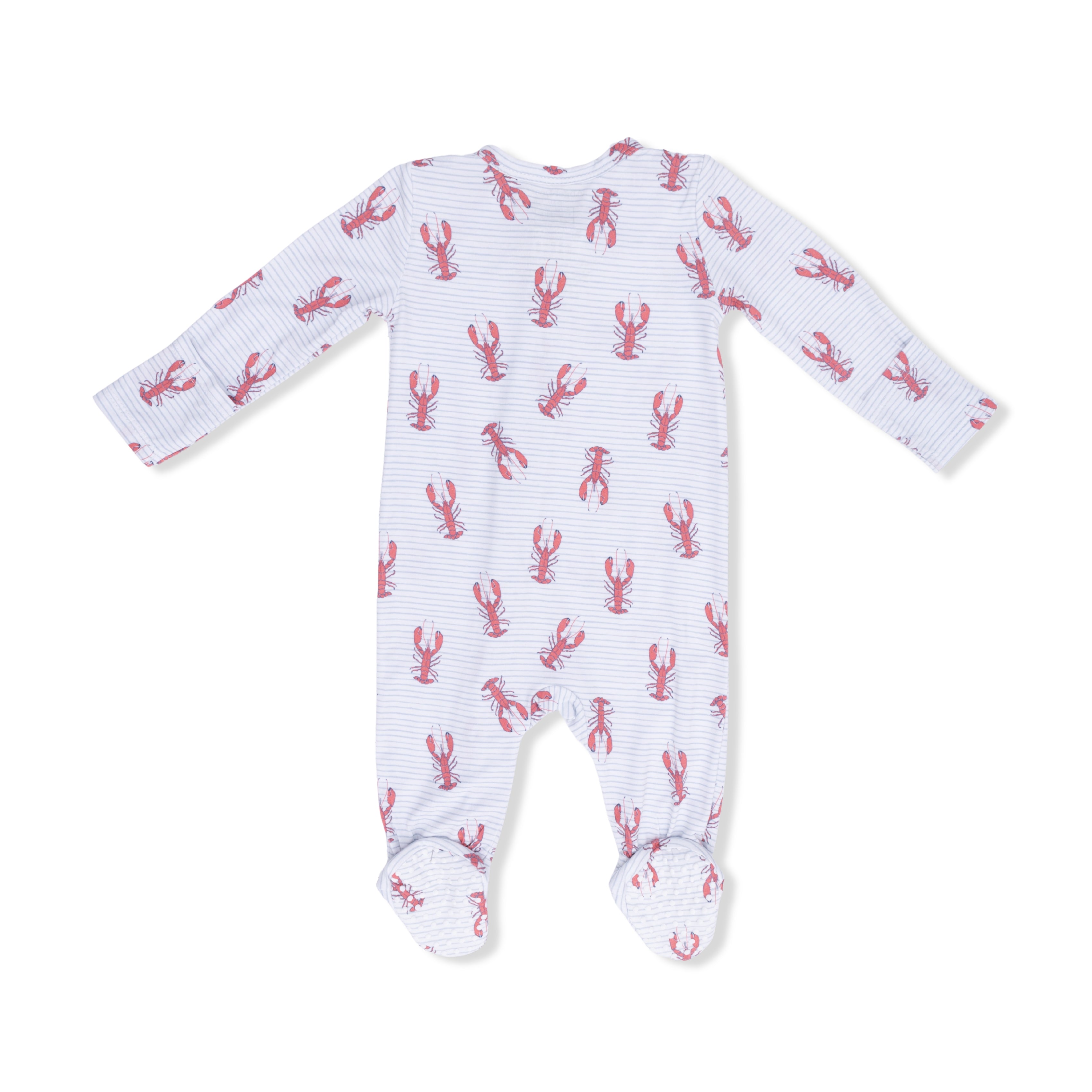 Baby onesie with red lobster pattern on a white background