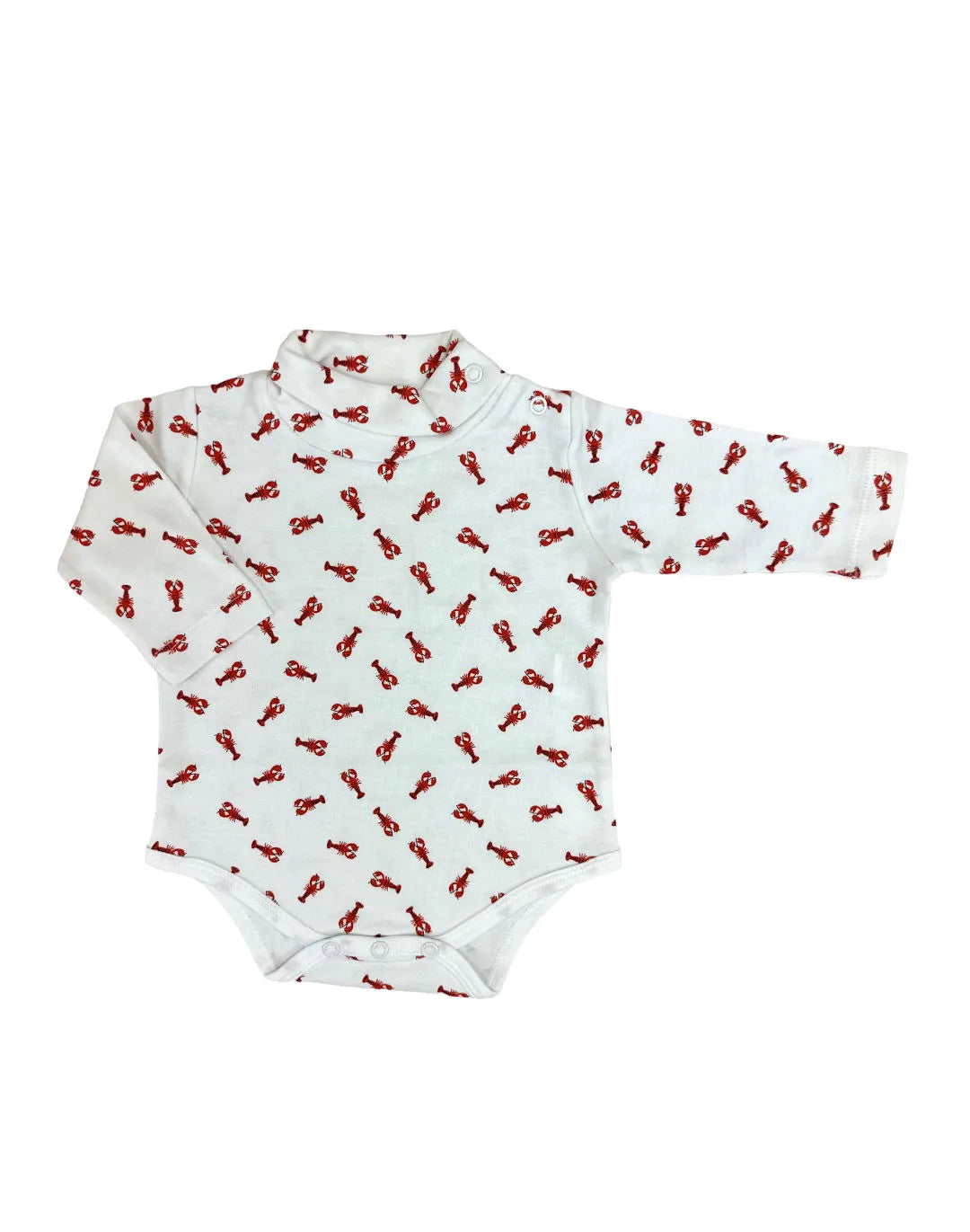 long sleeve turtleneck onesie with red lobsters all over